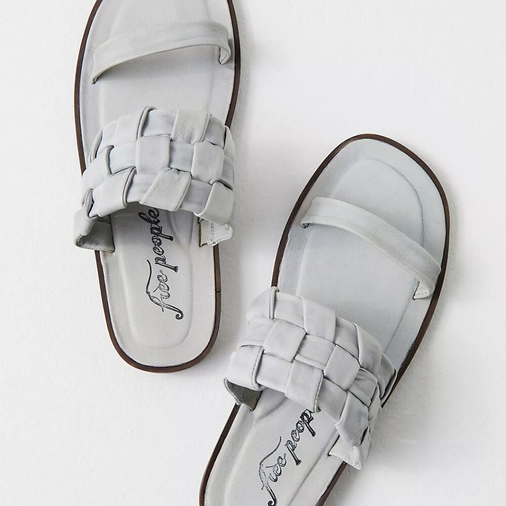 🖤 Free People Winding River Slip-On Flat Quilted Woven Sandals Grey Blue